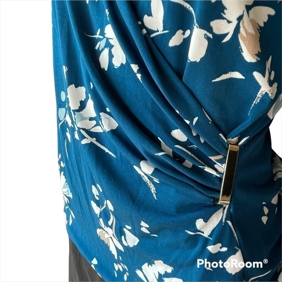 CHARTER CLUB ,Floral Teal and White , Side Cinch Top 3/4 Sleeve, Stretch … - Picture 2 of 5